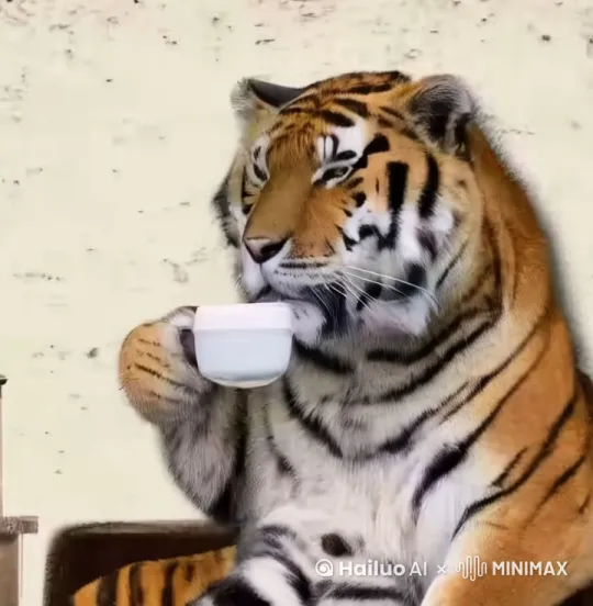 关键词：老虎端茶杯喝茶、呆萌反差萌、沙雕动物、拟人化喝茶、憨态可掬、趣味茶会、治愈系萌宠、动物拟人搞笑、茶艺表演翻车、萌宠日常、沙雕短剧、爆笑动物视频、治愈瞬间、茶杯与虎爪、荒诞萌宠、反差萌日常、萌宠茶话会、搞笑动物短片、虎系可爱、茶杯里的老虎、治愈系沙雕、萌宠迷惑行为、动物拟人欢乐颂 by Hailuo AI Video Generator
