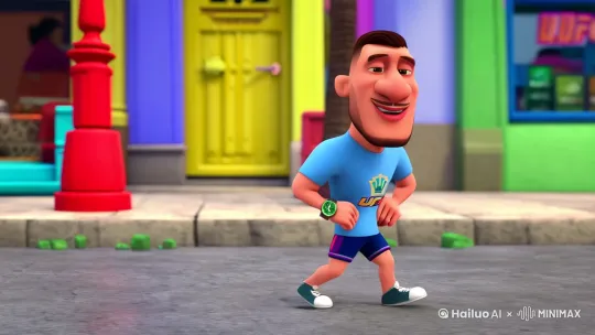 A humorous cartoon character wearing a Rolex watch, walking with an extremely arrogant swagger, imitating UFC fighter Khabib Nurmagomedov's ring walk, set against a bright street background, with a lighthearted and comical atmosphere.[右移,跟随] by Hailuo AI Video Generator