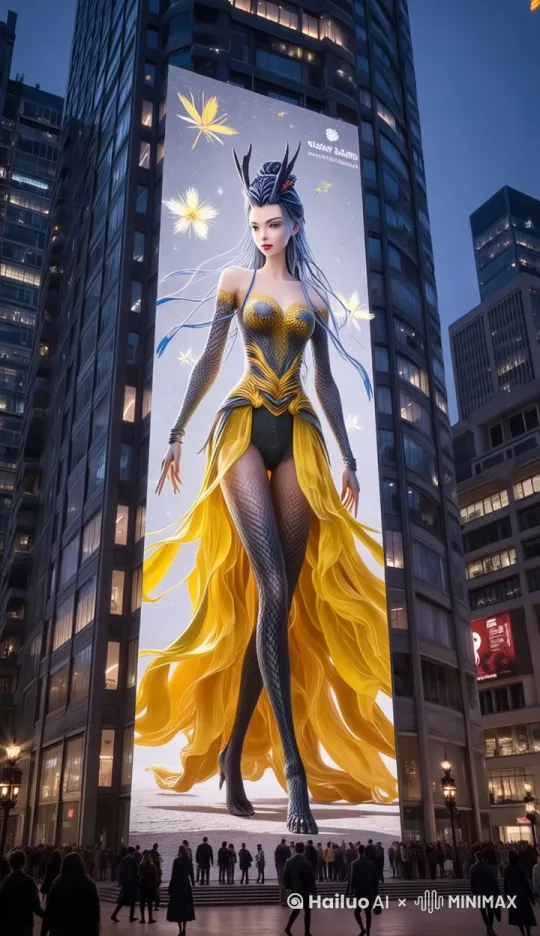 裸眼3D, 3D视觉,3D空间,在高楼上展示的大型照明3D广告,(一个女孩从3D广告屏幕走出来:1.4),看着观众,她穿着华丽的以黄黑为主的传统服装,上面有传统的中国刺绣图案,看起来非常喜庆和华丽。她的发型是传统的发髻,装饰着红色的发饰和红丝带,以及一些黄色的花朵,看着观众,在背景中舞动的萤火虫和闪烁的星星,营造出惊人的视错觉,现代都市风格,很路人都在拍照 by Hailuo AI Video Generator