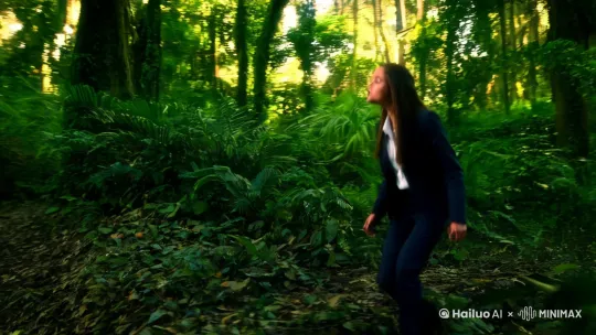 [左移,右摇,跟随]

在茂密的树林里，一个美丽穿着职业装的漂亮女孩迷路了，她环顾丛林[左移,右摇,跟随]，想努力回想来时的路，却怎么也想不起来，此时已是下午5点钟，太阳马上落山了，她的连上充满着一丝恐惧[右摇,变焦推进] by Hailuo AI Video Generator