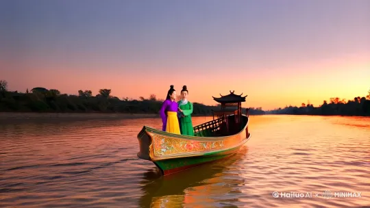 (远景)傍晚时分,钱塘江上,江面在夕阳照耀下波光粼粼,一艘华丽的画舫在上面缓缓行驶,颇具诗情画意。
(远景拉进城中景)一名身穿紫衣、围黄色护腰的年轻女子(苏婉)出舱立在船头,一名丫环(小翠,绿衣)也来到了她的身边,两人对着两岸的景色指指点点。 by Hailuo AI Video Generator