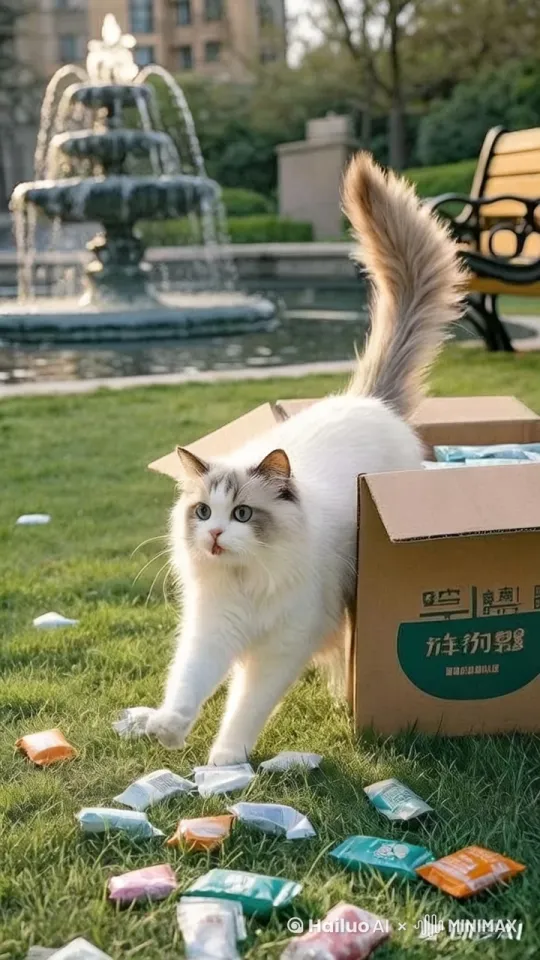 猫咪优雅的从纸箱出来。 by Hailuo AI Video Generator