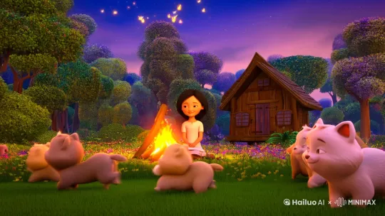 在一个梦幻的森林中，有一座小巧的木屋，周围环绕着五彩缤纷的飘落的花朵和茂密的树木。毛茸茸的小动物们在草地上嬉戏，跳着欢快的舞蹈，天空呈现出柔和的色调，营造出一种温馨、甜美的氛围。中国小女孩卡通人物在露营慢慢抬头仰望天空，露出笑容，享受着星空下的宁静时光，荧火虫在飞舞，整个画面充满了童真和愉快。 by Hailuo AI Video Generator
