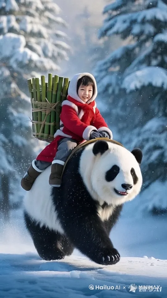 在这片银装素裹的森林中，雪花纷纷扬扬地飘落，仿佛天地间的一切都被轻柔的白纱笼罩。一个小孩穿着鲜红的冬装，坐在一只憨态可掬的大熊猫背上。大熊猫背上绑着一个竹篓，里面装满了新鲜的竹子。小孩戴着白色的毛绒帽子，围着红色的围巾，手套也是厚厚的毛绒材质，看起来非常暖和。

大熊猫迈着稳健的步伐，在雪地上奔跑，四肢有力地踩在积雪上，溅起一阵阵雪花。小孩紧紧抓住熊猫背上的竹篓，脸上洋溢着兴奋的笑容。周围的树木都被厚厚的积雪覆盖，树枝上挂满了晶莹剔透的冰晶，在阳光的照射下闪烁着迷人的光芒。

这幅画面充满了童话般的梦幻色彩，仿佛时间在这一刻静止，只有小孩和大熊猫在雪地中自由奔跑，享受着这难得的宁静与快乐。远处的天空湛蓝如洗，与洁白的雪景形成了鲜明的对比，整个世界仿佛都被净化了一般，纯净而美好。

小孩和大熊猫的身影渐渐远去，只留下了一串深深的脚印和回荡在空气中的欢笑声。这是一幅充满童真和幻想的画面，让人忍不住心生向往，仿佛自己也置身于这片美丽的雪景中，与他们一同感受这份难得的纯真与快乐。 by Hailuo AI Video Generator