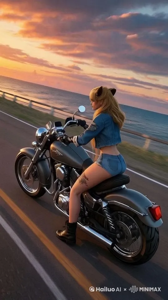 拟人化的豹子头美女，转头看向前方，骑着摩托车，飞快的在海边公路飞驰而过。大师运镜，画面帧帧美丽，8k高清电影质感，3D立体渲染。 by Hailuo AI Video Generator
