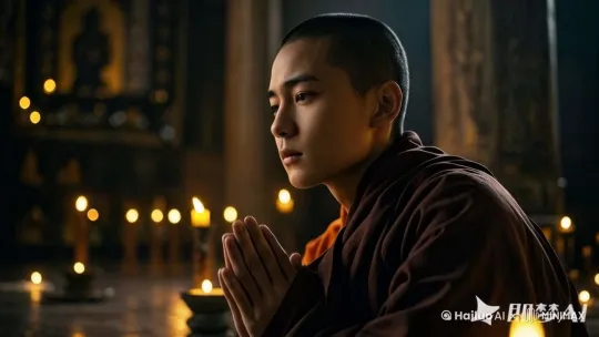 烛光闪动 嘴里念着经咒  眼角泪滴流在脸颊 镜头围绕人物旋转 by Hailuo AI Video Generator