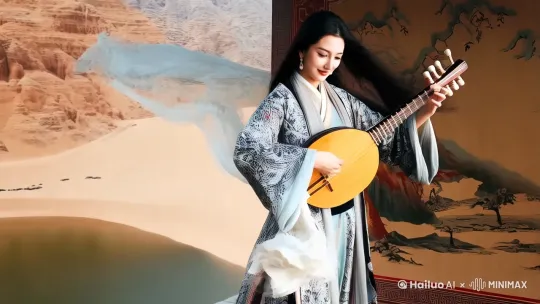 敦煌壁画飞天仙女反弹琵琶,衣裙飘带随风卷曲,背景沙漠与月牙泉,岩彩画风格,配乐使用筚篥和箜篌"`
**技巧解析**:
- **艺术参考**(敦煌壁画)
- **动态细节**(飘带卷曲)
- **文化符号**(筚篥/箜篌乐器) by Hailuo AI Video Generator