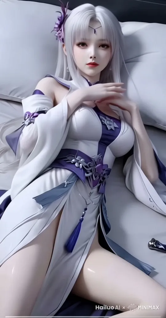 图中美女动了起来，银发女子侧卧榻上，缓缓抬眸，素手轻触簪花，衣袖如流云微动，双腿交叠，姿态慵懒又风情。镜头从上方缓缓拉近，聚焦于侧卧榻上的银发女子。她睫羽轻颤，缓缓抬眸，眸光似水。紧接着，镜头平移，捕捉她素手轻触簪花的优雅动作，衣袖如流云般随之摇曳。随后镜头微转，从侧面拉近，展现其双腿交叠的慵懒姿态，衣袂开衩处，纤细脚踝若隐若现。 by Hailuo AI Video Generator