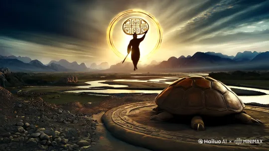 【收尾镜头】(航拍远景 延时效果)
镜头急速拉升呈现文明初诞的震撼全景:蜿蜒长河如巨龙盘踞卦象大地,伏羲剪影在天地交接处举起刻满卦纹的龟甲,晨光刺破云层为他镶上金边,远山轮廓竟与先天八卦完美重合。
建议搭配具有岩石摩擦质感的环境音效,以及用低音埙与骨笛营造的神秘氛围音乐,当卦象生成时可加入青铜编钟的泛音震动。 by Hailuo AI Video Generator
