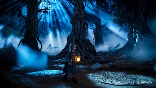 "Dark fantasy style, towering ancient trees with twisted roots, eerie blue mist, 10-year-old girl's determined expression clutching flickering lantern, ominous shadows moving in background, hyper-detailed 4K rendering, moonlight shafts piercing canopy, mysterious runes glowing on stones, Tim Burton-esque aesthetic, cinematic wide angle shot with dramatic lighting" by Hailuo AI Video Generator