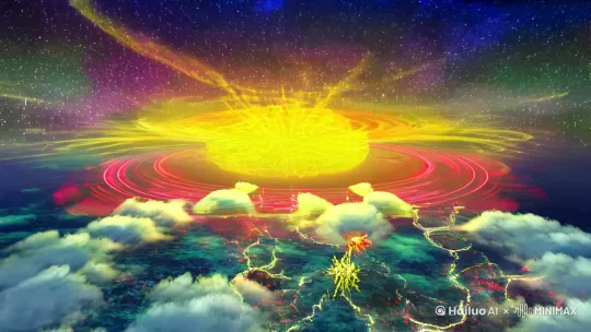 【分镜描述】
1. 宏观宇宙视角：
- 盘古开天辟地史诗级画面
- 三皇五帝治世历史长河流动
- 四大部洲全息地图在云海中浮现
- 聚焦东胜神洲版图逐渐放大

2. 傲来国远景：
- 水墨风格海岸线全景
- 云蒸霞蔚的古典仙侠国度
- 巨型海浪拍打黄金沙滩
- 蓬莱仙岛式建筑群若隐若现

3. 花果山神境：
- 360度航拍十洲祖脉圣山
- 晨光穿透云层形成丁达尔效应
- 丹霞地貌悬崖绽放七彩光晕
- 量子分形生成的奇峰怪石矩阵

4. 灵兽生态特写：
- 彩凤双鸣时羽毛的虹彩粒子特效
- 麒麟卧石散发金色能量波纹
- 锦鸡鸣叫引发空气涟漪
- 玄鹤群飞形成的太极轨迹

5. 仙植秘境：
- 永不凋谢的发光瑶草奇花
- 翡翠质感的千年松柏树林
- 仙桃树结果时的灵力迸发
- 藤萝瀑布流淌星尘微粒

【特效关键词】
鸿蒙初开能量场/山海经幻兽粒子化/灵气流体动力学/东方神话霓虹光效/仙雾粒子系统/古风山水景深/超现实岩石生长动画

【风格参数】
中国古典神话史诗 × 赛博朋克山海经 × 新国风数字水墨 × 8K超写实CG渲染

【镜头语言】
- 从量子混沌到有序世界的创世演变
- 大远景到显微镜式的多维度转场
- 仙侠世界观标志性元素的蒙太奇
- 符合道家美学的对称构图法则

【色彩方案】
玄黄混沌色→丹青山水色→翡翠琉璃色→鎏金霞光渐变色域 by Hailuo AI Video Generator