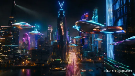 银翼杀手中赛博朋克的科幻城市，镜头环绕城市高楼之间拍摄各式各样的未来概念车在城市上空之间穿梭，背景音乐是星际穿越的背景乐，视频时间一分钟，1280*720，25帧， by Hailuo AI Video Generator