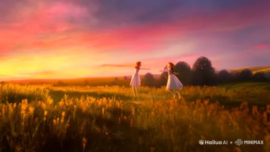 夕阳下的美景如诗如画，马儿精灵和爱丽丝共舞落日余晖 by Hailuo AI Video Generator