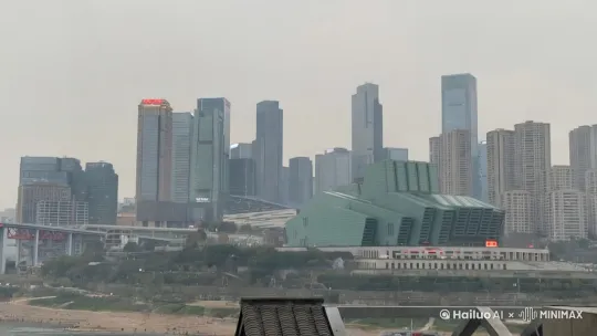 中间墨绿色色的建筑变形，变成一个导弹发射井，一个巨型机器人从里面慢慢飞起来，飞向空中。 by Hailuo AI Video Generator
