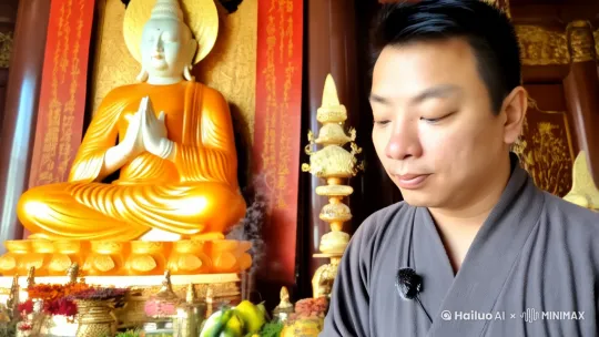 站着一个大寺庙里面，面对着九华山的地藏王菩萨佛像，佛像面前放着大香炉，佛像面前桌子上摆着满满的贡品，人物看着佛像然后双手合十行佛礼，镜头围着人物由近到远运镜 by Hailuo AI Video Generator