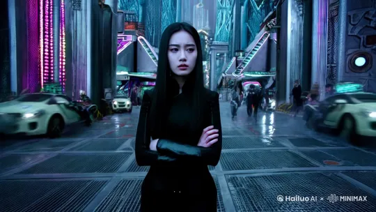 台词场景:“我叫林汐,不知为何来到了这个奇异的世界。”
○ 提示词结构:拍摄景别为全景,人物景别为全身,视角为平视,构图采用对称构图,核心主体是站在城市街头迷茫的林汐,情绪动作是林汐双手抱臂,眉头紧锁,环境场景是充满未来感的金属城市街道,人来人往,艺术风格为赛博朋克,氛围光线是昏暗的冷色调光线,色调为蓝色和紫色为主。
○ 运镜语言:推镜头,从远处的城市全景推向林汐,突出她的迷茫和孤独。
○ 音效:街道上的嘈杂声,车辆行驶声,背景音乐淡入。
by Hailuo AI Video Generator