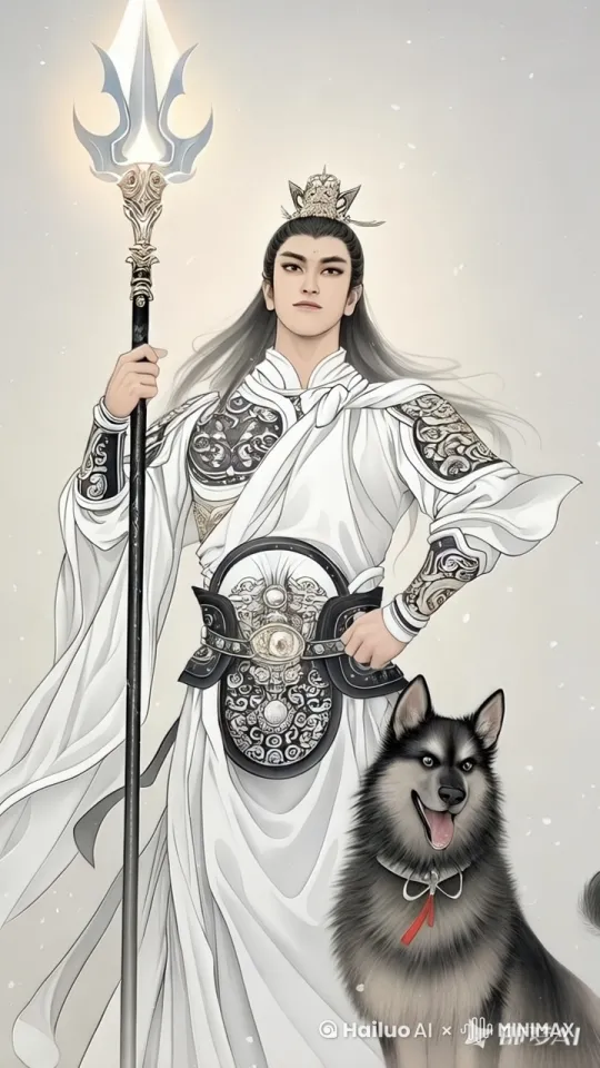 衣服无风自动，头发快速无风自动，手中的武器全身散发着雷电交加，狗狗无风自动，人物额头上的眼睛散发着微弱的金光，手中的武器雷电交加，人物固定，人物面部表情固定， by Hailuo AI Video Generator