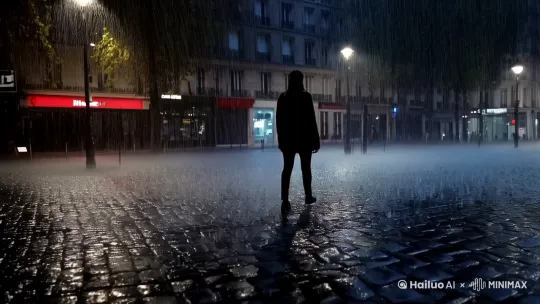 在大雨中一个人散步在巴黎街头 by Hailuo AI Video Generator