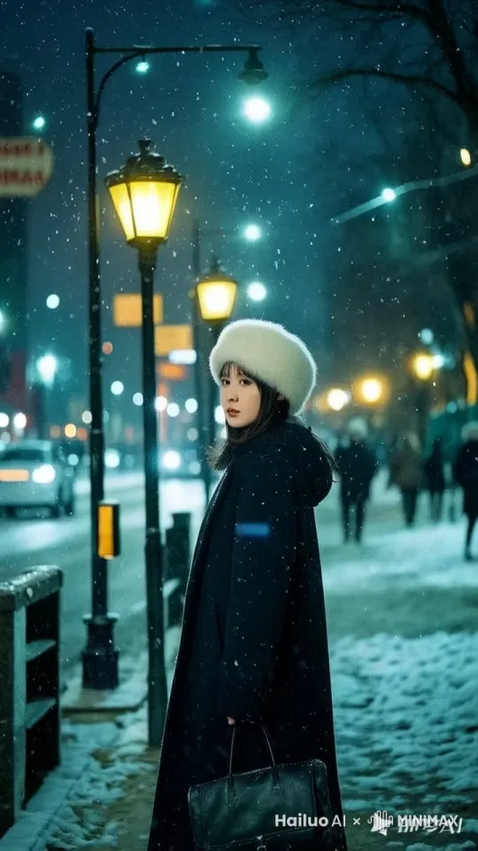 美女抬头仰望天空飘落的雪花，后失落的消失在熙熙攘攘的人群中 by Hailuo AI Video Generator