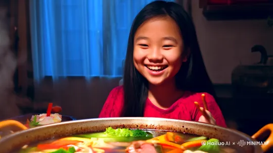 帮我生成一个高清的火锅加食材视频，一个25岁的女孩子在大快朵颐，视频30秒，写实风格 by Hailuo AI Video Generator