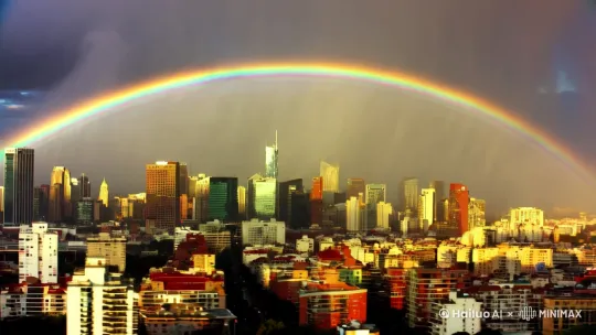 城市雨后出现双彩虹挂在天边[左移,上升] by Hailuo AI Video Generator