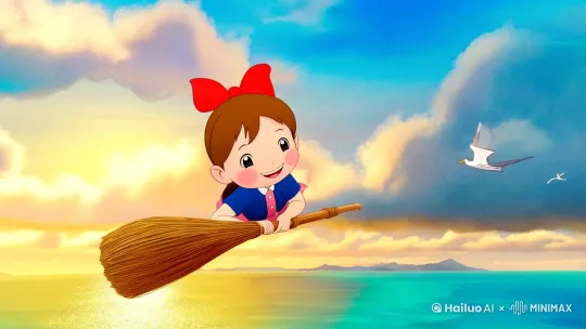 "A magical scene of Kiki from Kiki's Delivery Service flying on a wooden broomstick over the ocean, Studio Ghibli style, soft watercolor textures, vibrant azure sky with fluffy cumulus clouds, sparkling turquoise sea with sunlight reflections, warm cinematic lighting, dynamic cloud movement, 3/4 side view of Kiki smiling with wind-blown hair and red bow, wooden broom with natural wood texture, seagulls flying alongside, depth of field with distant islands, morning golden hour glow, fluid motion lines, hand-painted animation aesthetic, film grain overlay, 35mm cinematic aspect ratio --ar 9:16 --s 750 --v 6 by Hailuo AI Video Generator