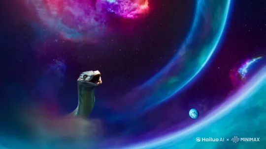 一只蠕虫一样的怪兽从宇宙深空中通过虫洞来到了地球附近。它身形巨大，张开的血盆大口就有地球大小。 by Hailuo AI Video Generator