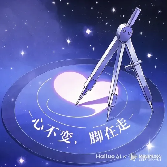 圆规的一个脚不动，其他2个脚自转，自转的脚加上效果：带点火花，寓意是路途坎坷需要努力。 by Hailuo AI Video Generator