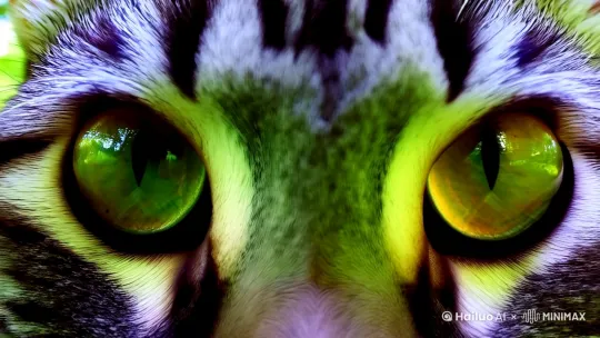 00:00 猫的眼睛，拉远镜头；00:02 灰色的虎斑猫，拉远镜头；00:04 森林里大树下一只灰色的虎斑猫趴在草地上 by Hailuo AI Video Generator