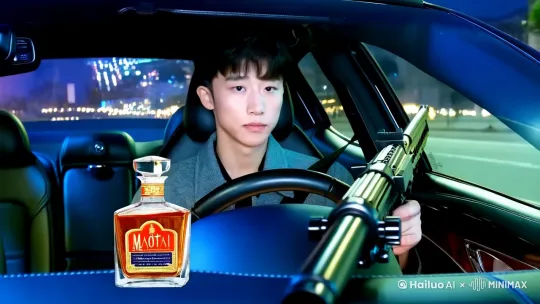 一辆黑皮汽车在路上行驶，车内坐着一位年轻人，他右边放着一把加特林，左边放着一瓶茅台酒。 by Hailuo AI Video Generator