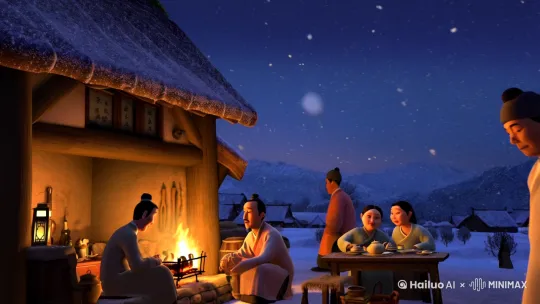 傍晚时分，雪渐渐停了，天空开始放晴。村民们陆续回到家中，围坐在火炉旁，享受着冬日的温暖。李大山一家也不例外，他们围坐在火炉旁，吃着热腾腾的晚饭，聊着一天的见闻。

晚饭后，李大山泡了一壶热茶，和王秀英一起坐在火炉旁，看着窗外的雪景。孩子们则在一旁玩耍，不时发出欢快的笑声。这样的夜晚，虽然寒冷，却充满了家的温暖和幸福。 by Hailuo AI Video Generator