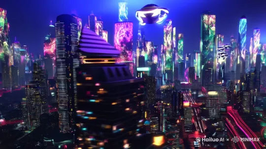 在未来的超级都市中，夜晚的天空被无数霓虹灯光照亮。高耸入云的摩天大楼表面覆盖着流动的光影[右移,跟随]，仿佛是活生生的数字壁画。街道上，自动驾驶的飞行汽车在空中有序穿梭[左摇,变焦推进]，留下一道道光轨。地面则被透明的玻璃覆盖，透过玻璃可以看到下方的地下交通网络[下降,上摇]，高速列车如同银色的闪电般穿梭 by Hailuo AI Video Generator