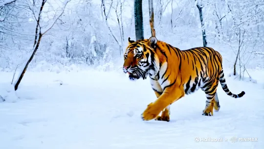 一只老虎从白雪皑皑的山林中走来，渐渐加快脚步跑了起来[左移,跟随]，突然纵身一跃并张开了大口。 by Hailuo AI Video Generator