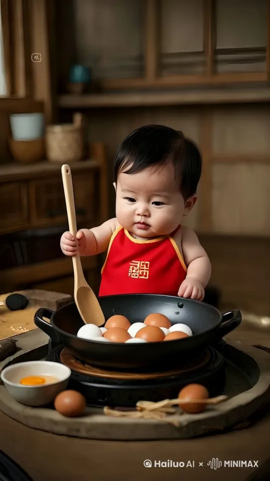 萌娃笑着，用手里的铲子，搅动鸡蛋 by Hailuo AI Video Generator