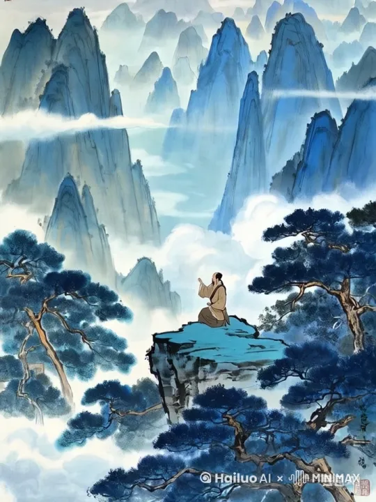 群山之中的云雾缭绕之中，如同仙境，大家在一起共同做云边道德经的研读 by Hailuo AI Video Generator