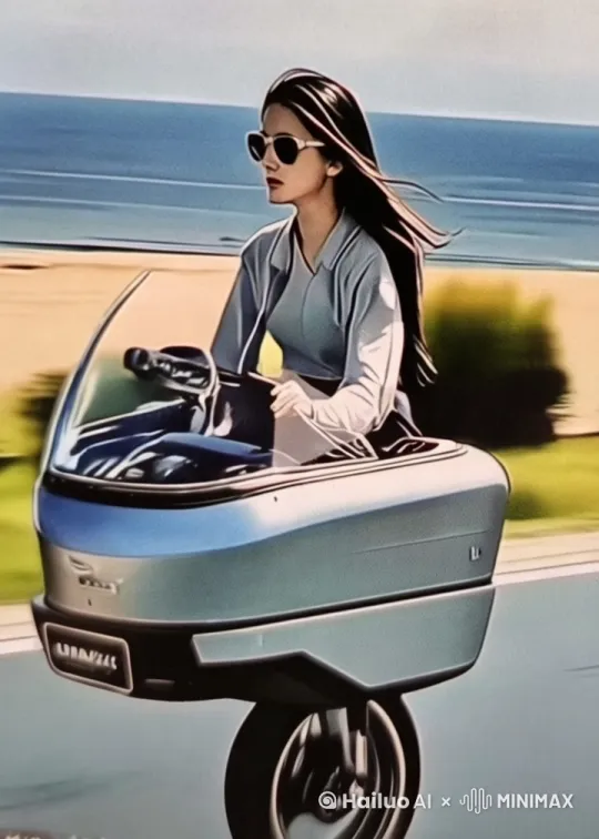 这人骑车在下雨的沙漠公路上风驰电掣般的行驶。 by Hailuo AI Video Generator