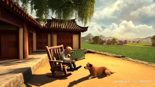 全景生成一个一方四合院式的中式小院里一个老人躺在摇椅里，手拿蒲扇煽风，老人旁边卧着一只中华田园犬视频，院子一角有棵高大的老槐树，枝繁叶茂，被风吹的枝叶摇动，院子外面，三两只鸡鸭在田野溜达觅食，天空白云朵朵，燕子在天空飞来飞去，远处隐约可见低矮零星的屋舍，俯视视角，要求视频呈现中国80年代的质感，大鱼海棠动画风格、画面温暖清新，线条流畅自然，色彩饱满。[拉远,上升] by Hailuo AI Video Generator