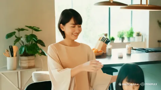 女儿揉揉眼睛走进厨房，拽了母亲衣角，母亲微笑的把女儿拥入怀里。镜头推进，聚焦到母亲和女儿 by Hailuo AI Video Generator
