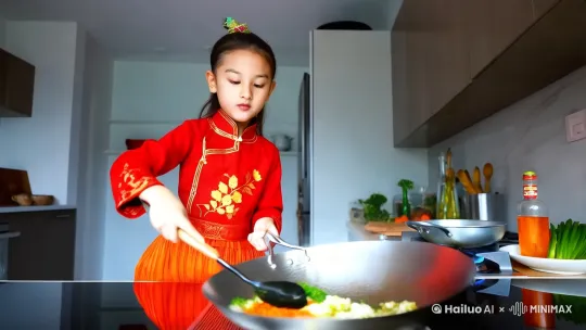 仰视动态镜头，女孩在灶台上翻炒铁锅 by Hailuo AI Video Generator