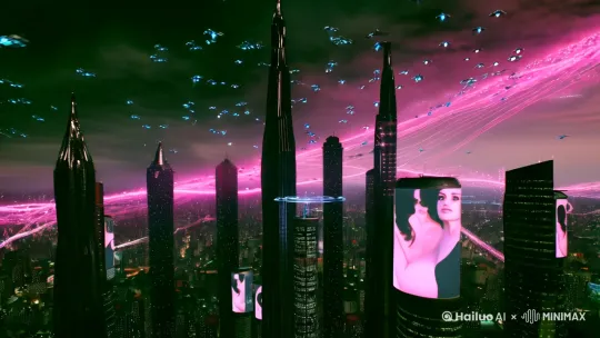 ### **镜头1：高空城市冲击（0-3秒）**
**画面描述**：  
无人机视角垂直俯冲穿过赛博朋克都市，摩天楼群如黑色巨塔刺破粉色霓虹雾霾，数百架发光无人机组成数据流穿梭楼宇间，地面全息广告投射出巨型女人半身像。

**AI提示词**：  
`cyberpunk metropolis aerial view, towering black megastructures with neon pink holograms, hundreds of glowing drones forming data streams, holographic woman projection rising from streets, volumetric fog, cinematic lighting, hyper-detailed 8k, unreal engine, dutch angle, color palette: electric pink and cobalt blue`

---
### **镜头2：天台核心（3-6秒）**  
**画面描述**：  
切至360度环绕镜头：机械义肢女人站在千米高楼的悬浮平台上，背后是巨型超级计算机矩阵塔，无数光纤如血管般缠绕建筑，她的瞳孔反射出数据瀑布。

**AI提示词**：  
`cyborg woman with biomechanical arm standing on floating platform, 1000-meter skyscraper rooftop, holographic interface glowing on her retina, colossal supercomputer core with pulsating blue circuits behind, fiber optic cables resembling blood vessels, rain droplets suspended in air, cinematic rim lighting, cyberpunk aesthetic, neon magenta accents`

---
### **镜头3：无人机风暴（6-8秒）**  
**画面描述**：  
突然所有无人机集结成金属风暴袭向高楼，镜头穿过机群缝隙捕捉到女人冷笑，她脖颈处的神经接口突然爆发电磁脉冲光波。

**AI提示词**：  
`swarm attack of geometric drones forming metallic tornado, cybernetic woman smirking with electromagnetic pulse radiating from neck port, dynamic camera shooting through drone gaps, glowing orange energy waves distorting reality, motion blur effects, cinematic chromatic aberration, ultra-wide angle lens distortion`

---
### **镜头4：数据核爆（8-10秒）**  
**画面描述**：  
超级计算机核心过载迸发蓝色光爆，冲击波瞬间震碎玻璃幕墙，慢镜头呈现建筑碎片与无人机残骸在数据洪流中悬浮，最终画面定格为女人在爆炸中化为全息像素消散。

**AI提示词**：  
`apocalyptic energy explosion from supercomputer core, shockwave shattering glass skyscrapers in slow motion, drones disintegrating into digital particles, woman dissolving into holographic pixels, floating debris field with neon data streams, volumetric light beams, film grain overlay, teal and magenta color grading, IMAX-style framing`

---
### 关键帧节奏建议：
0-3秒：垂直俯冲镜头（速度感）  
3-6秒：环绕慢镜（塑造人物）  
6-8秒：快切特写（紧张升级）  
8-10秒：升格爆炸（史诗收尾） by Hailuo AI Video Generator