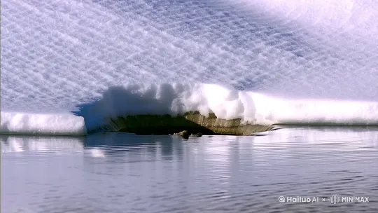 冰天雪地，一个小湖，湖面上有个破洞，一只雪狐在水中挣扎。 by Hailuo AI Video Generator