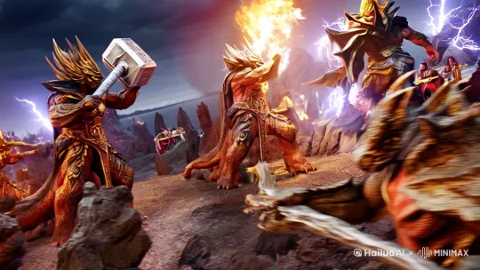 快速切换多个魔神战斗的场景,展示他们各异的形态和武器。有的魔神手持巨锤,有的挥舞长鞭,还有的操控火焰与雷电。
拍摄技巧:
快速剪辑,突出战斗的激烈与混乱。每个镜头的时长控制在1秒以内,营造出紧张刺激的氛围。
视频音乐:
激烈的战斗音乐,如《He's a Pirate》,音乐节奏紧凑,与画面同步增强战斗的紧张感。 by Hailuo AI Video Generator