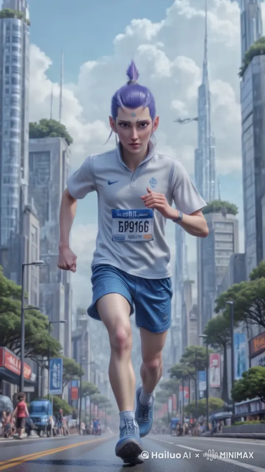 人物在街上飞奔，过渡流畅、自然，镜头跟随主体 by Hailuo AI Video Generator