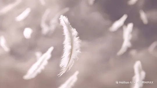 轻盈的白色羽毛从空中缓缓飘落，整体画面以浅色为主色调，背景有朦胧的羽毛群一起飘，柔光，羽毛表面带有细腻的绒毛质感，从上至下呈现自然的运动模糊效果，羽毛占比小一点，朦胧氛围感[右移,左摇,跟随] by Hailuo AI Video Generator