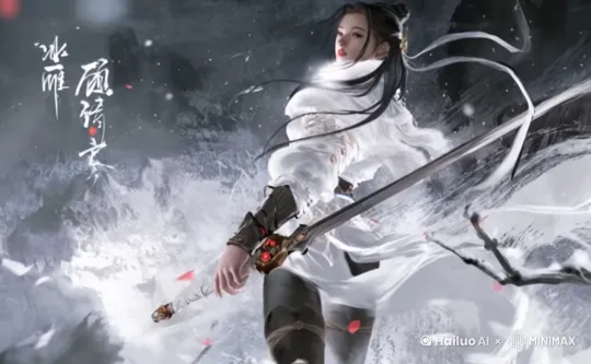 “百万风雪掩孤影,镜头从雪中宫殿的琉璃瓦顶俯冲而下,顾清寒身着【香雪水兰】时装侧身立于梅树下,手持长剑低语:‘该不会有诈……?’ 雪花飘落时触发【冰心诀】技能,寒冰包裹全身,镜头环绕360度展示服装纹理与冰晶细节,背景渐显‘半生颠沛,唯剑作伴’水墨字幕。”
**效果重点**:融合角色背景故事与皮肤设计,通过环境光影与动态台词强化叙事感。 by Hailuo AI Video Generator