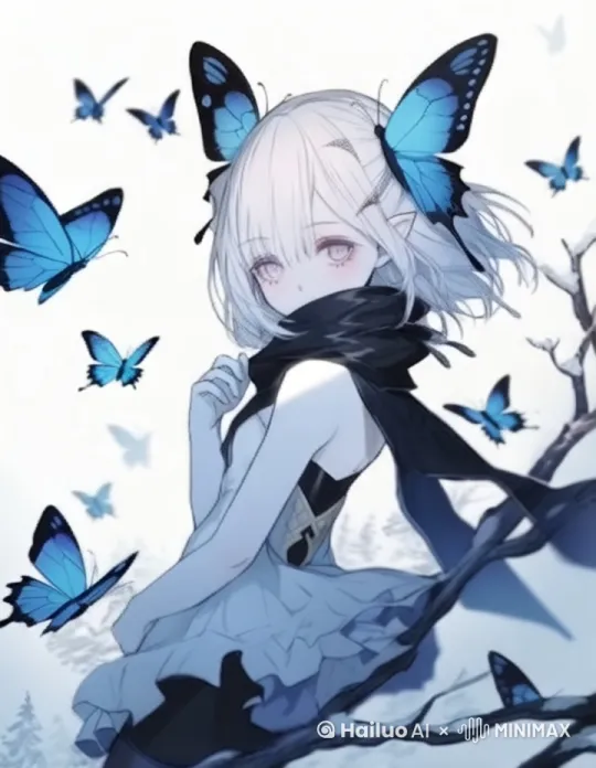 围巾漂浮，蝴蝶漂浮，头发漂浮，眨眼，裙子漂浮 by Hailuo AI Video Generator