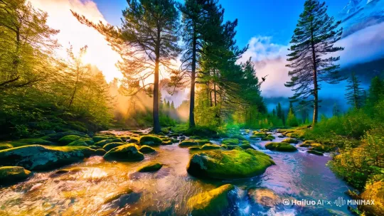 Ultra HD 8K mountain landscape cinematic shot,（超高清8K电影级山脉景观）
crystal clear stream flowing through mossy rocks,（溪流穿过青苔岩石）
morning mist swirling around pine trees,（晨雾缭绕松林）
golden hour sunlight filtering through leaves,（黄金时刻光线穿透树叶）
hyper-realistic water reflections,（超真实水面倒影）
dynamic cloud movement over jagged peaks,（动态云层掠过嶙峋山巅）
wildlife elements like birds in flight,（飞鸟等生态元素）
cinematic color grading with emerald and sapphire tones,（翡翠蓝宝石色系电影调色）
dolly zoom transition from stream closeup to mountain vista,（从溪流特写到山景的滑动变焦）
4D details of water droplets and wind-blown foliage（水滴与风吹叶动4D细节） by Hailuo AI Video Generator