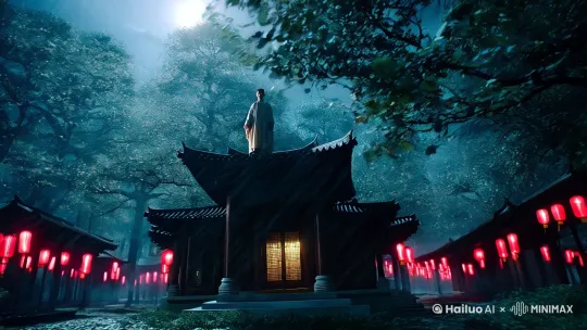 狂风大作的夜晚,一座古老的寺院,庭院深深,周围都是参天大树,被风吹起的树叶弥漫了整个寺院。寺院内的房间透出幽暗的灯光,左右两边行廊上零星挂着的红灯笼也被风吹斜了。在画面中间的大雄保殿的房顶上,站着一位身穿素色袈裟的年轻和尚,月光映照在他脸上,像聚光灯效果,身形高大,目光坚定的迎风站立,架裟随风摆动。仰拍,对角线构图,大师运镜,8k高清电影质感。
2025.02.20 11:29:50 by Hailuo AI Video Generator