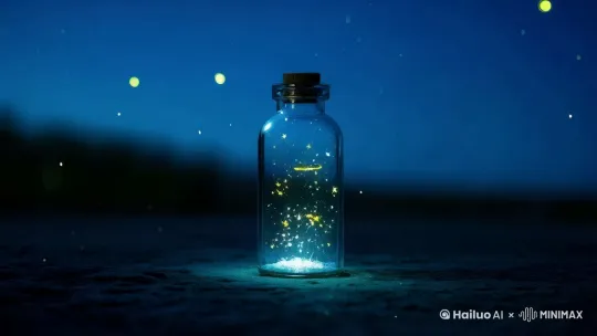 星空下萤火虫环绕的玻璃许愿瓶	微距	旋转 by Hailuo AI Video Generator