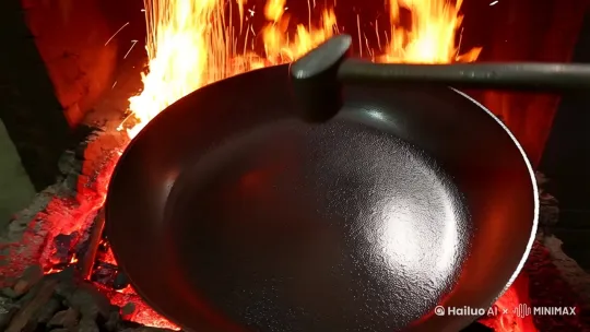 章丘铁锅其制造需经十二道工序，十八遍火候，在一千度左右的高温锤炼，经受万次锻打，直到锅如明镜 by Hailuo AI Video Generator